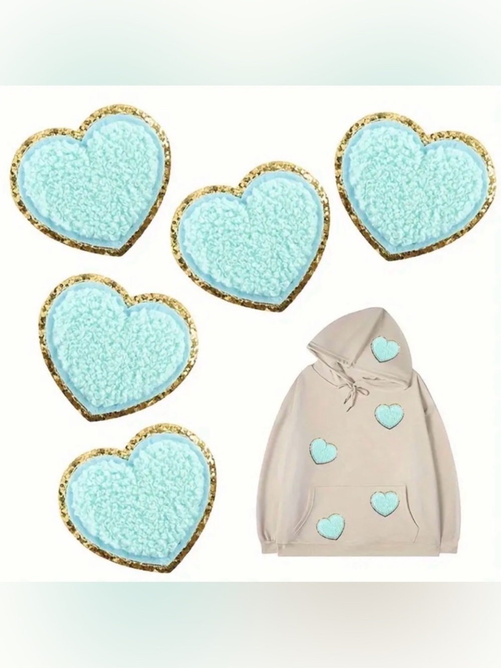 Aqua Blue Heart Applique, Felt & Gold Trim, Crafts, DIY, Clothing Embellishment